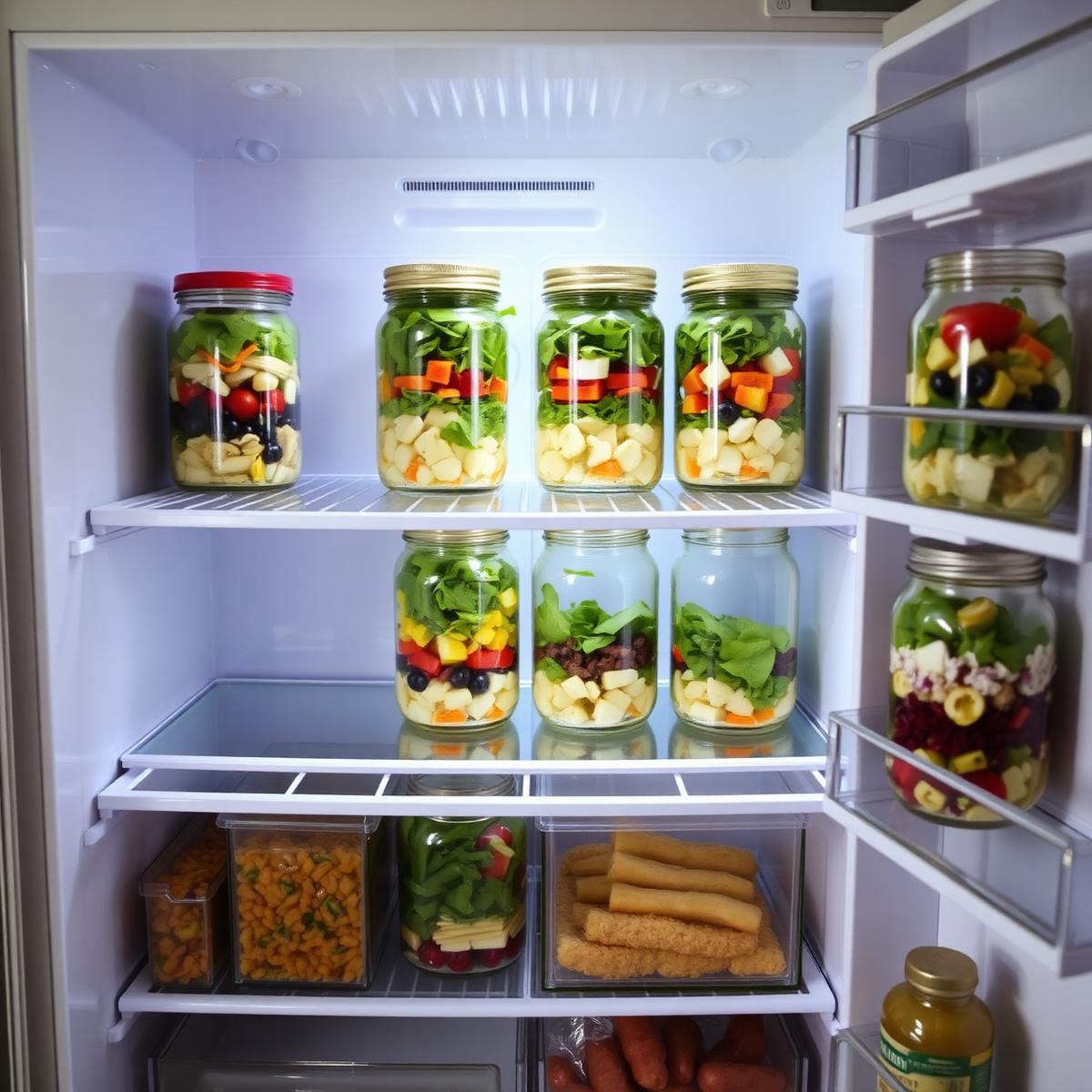 Ensaladas organizadas en la nevera