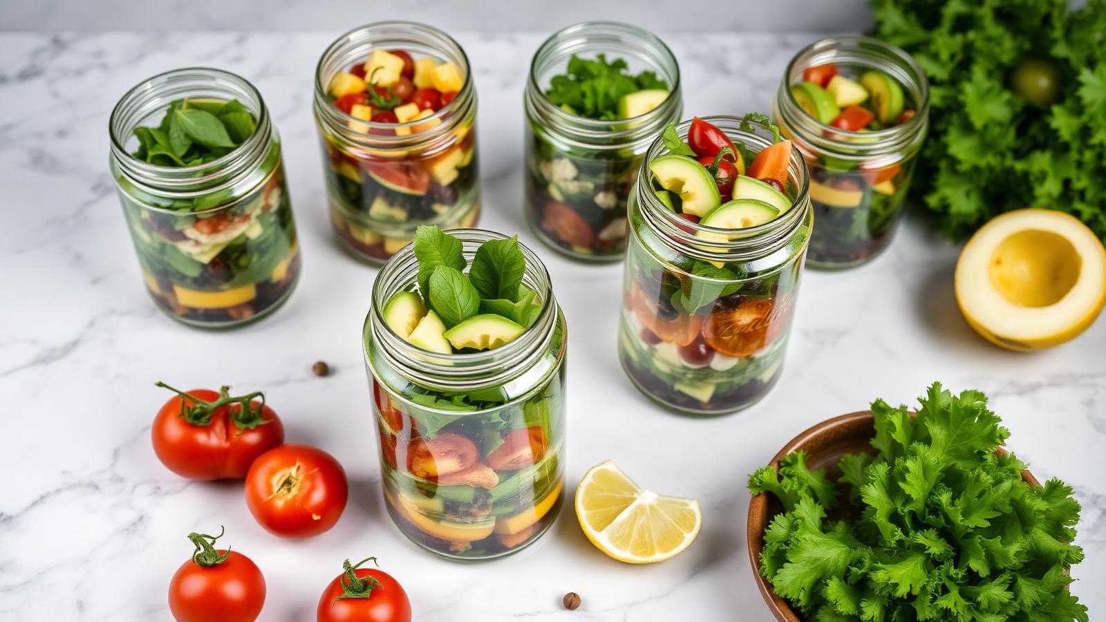 Ensaladas en tarro con ingredientes frescos